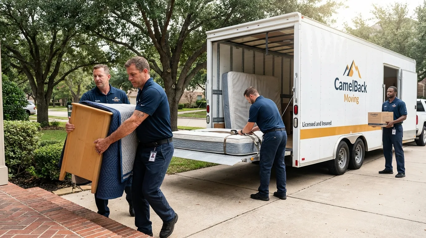 Crew loading residential truck for cross-state move from Barstow, CA