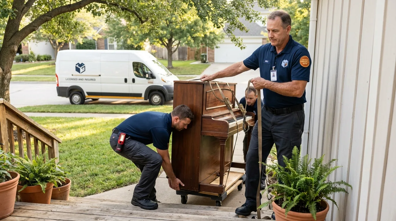 Licensed piano movers securing grand piano in Barstow, CA