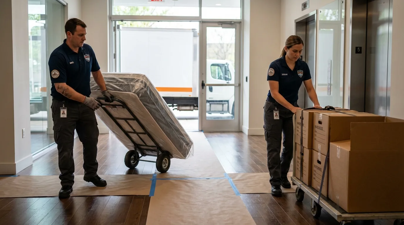 Professional apartment movers loading elevator in Barstow, CA